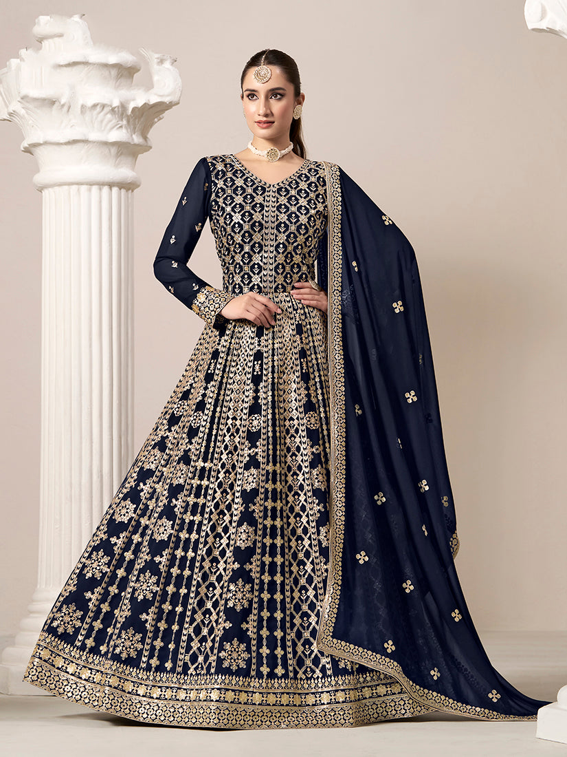 Navy Blue Faux Georgette Embroidered Ceremonial Anarkali Suit
