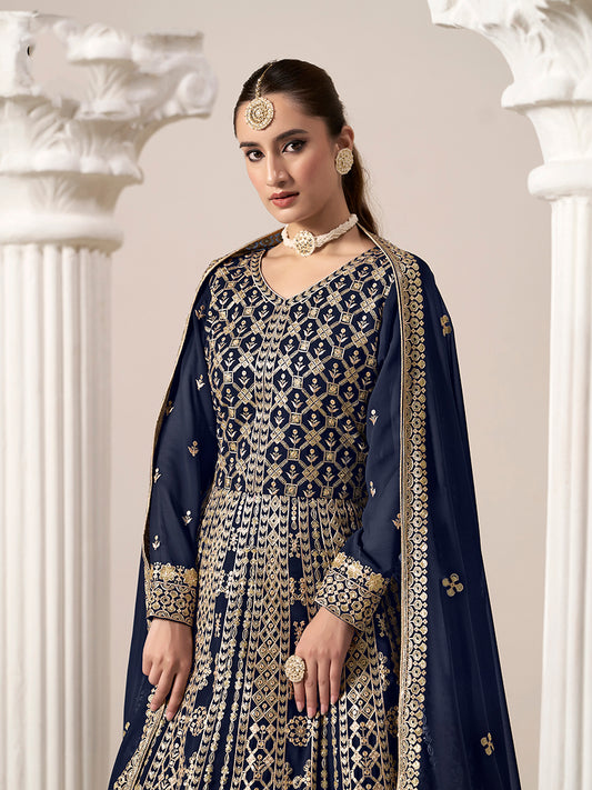 Navy Blue Faux Georgette Embroidered Ceremonial Anarkali Suit