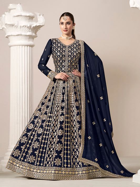 Navy Blue Faux Georgette Embroidered Ceremonial Anarkali Suit