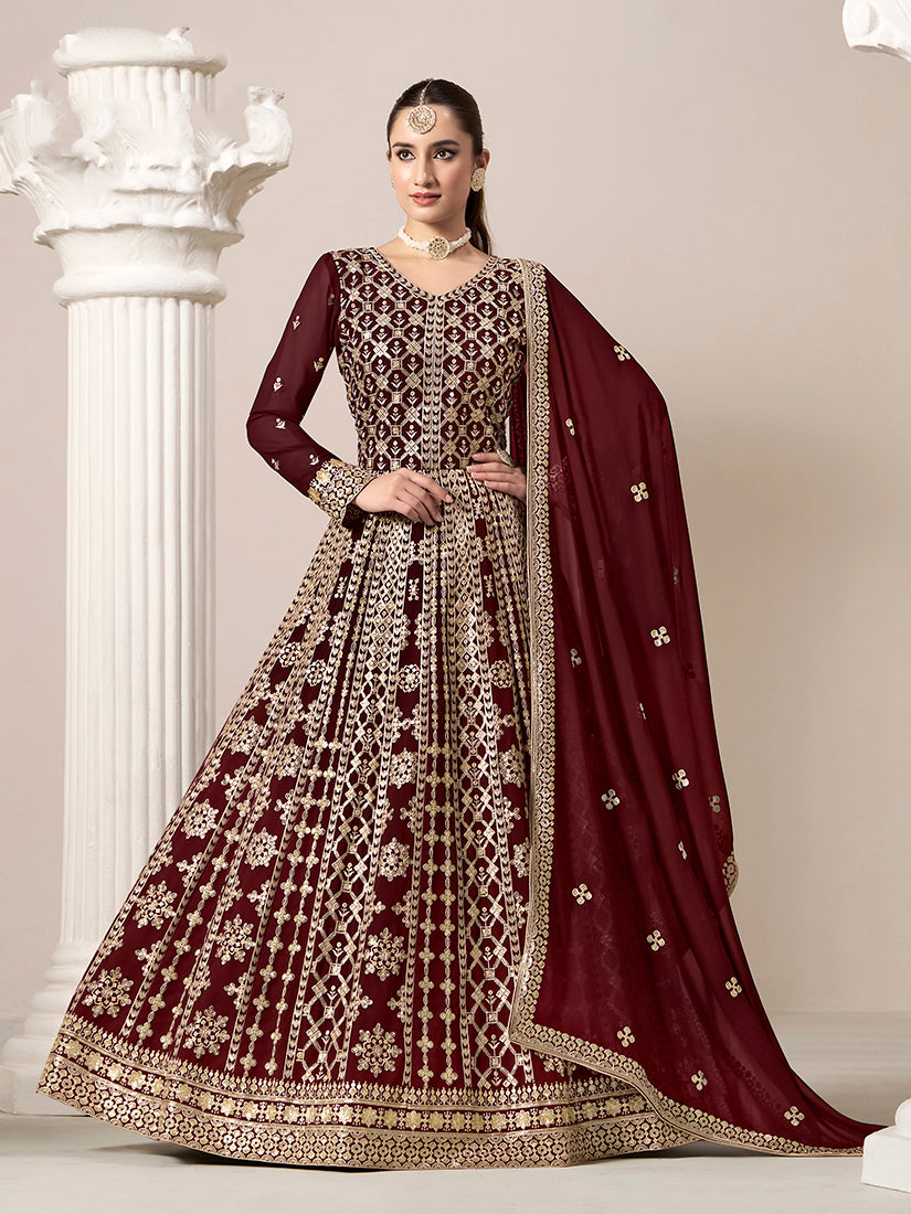 Maroon Faux Georgette Embroidered Ceremonial Anarkali Suit