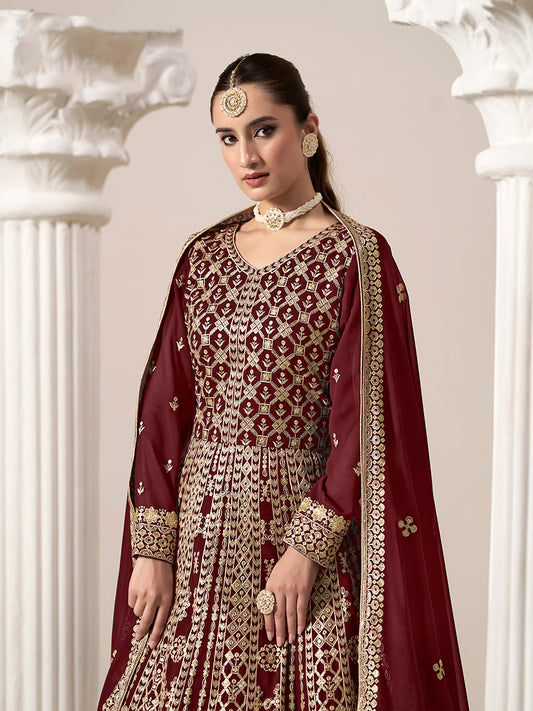 Maroon Faux Georgette Embroidered Ceremonial Anarkali Suit