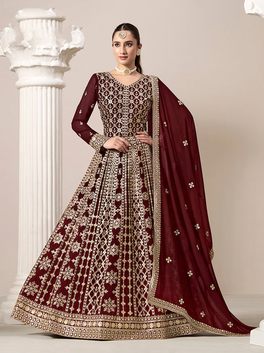Maroon Faux Georgette Embroidered Ceremonial Anarkali Suit