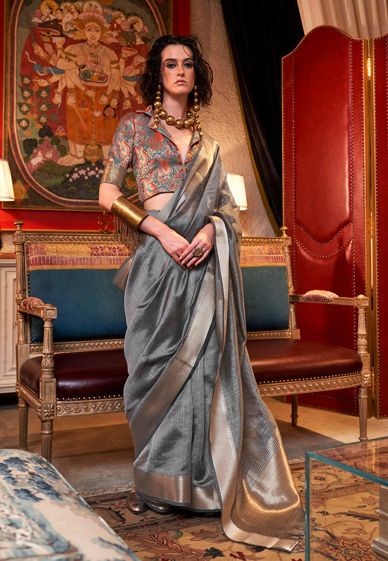 Gray Moss Chiffon Saree with a Classy Sheen