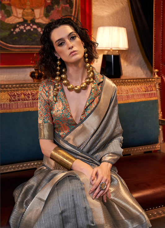 Gray Moss Chiffon Saree with a Classy Sheen