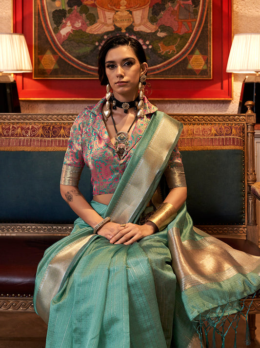 Turquoise Moss Chiffon Saree with a Classy Sheen