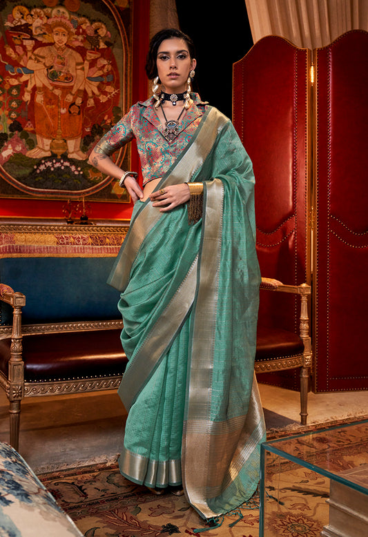 Turquoise Moss Chiffon Saree with a Classy Sheen
