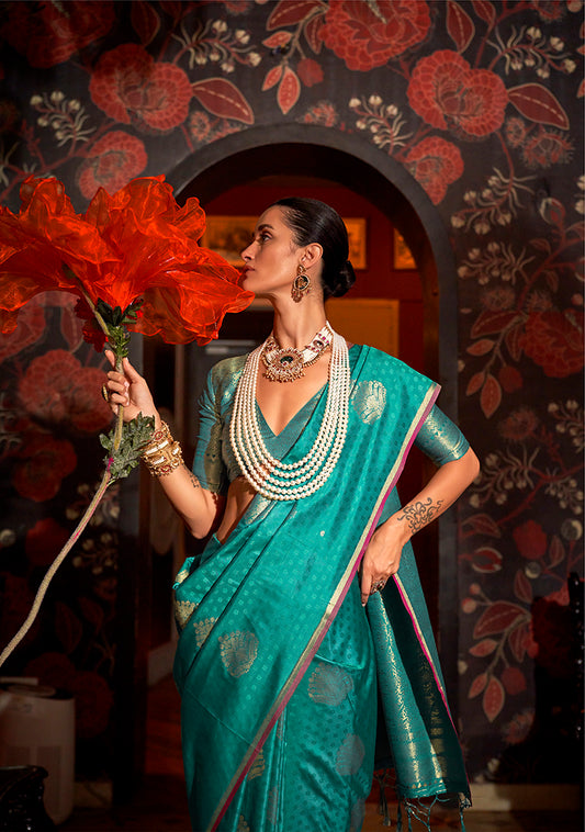 Turquoise Classic Weaving Silk Saree with Intricate Zari Motifs