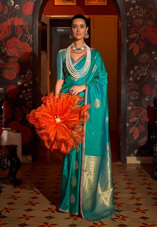 Turquoise Classic Weaving Silk Saree with Intricate Zari Motifs