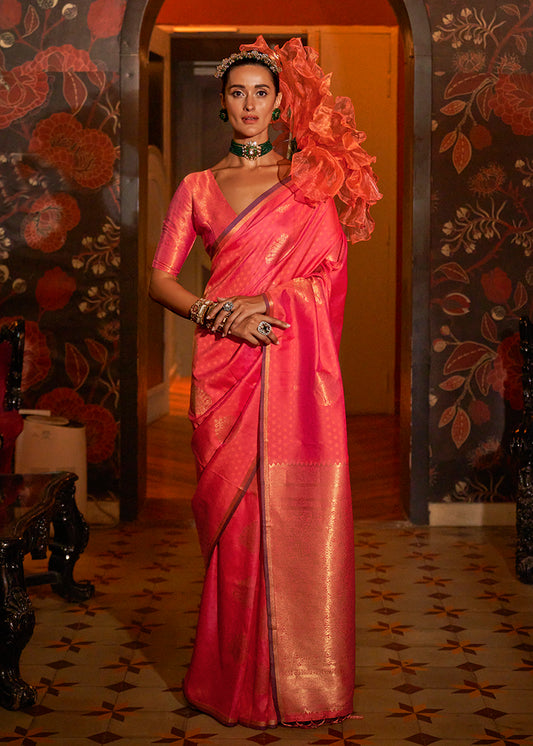 Peach Classic Weaving Silk Saree with Intricate Zari Motifs