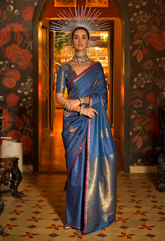 Blue Classic Weaving Silk Saree with Intricate Zari Motifs