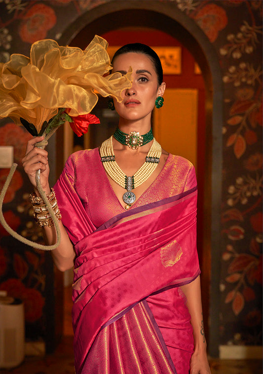 Pink Classic Weaving Silk Saree with Intricate Zari Motifs