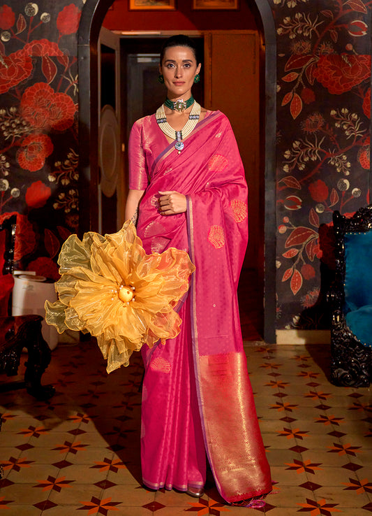 Pink Classic Weaving Silk Saree with Intricate Zari Motifs