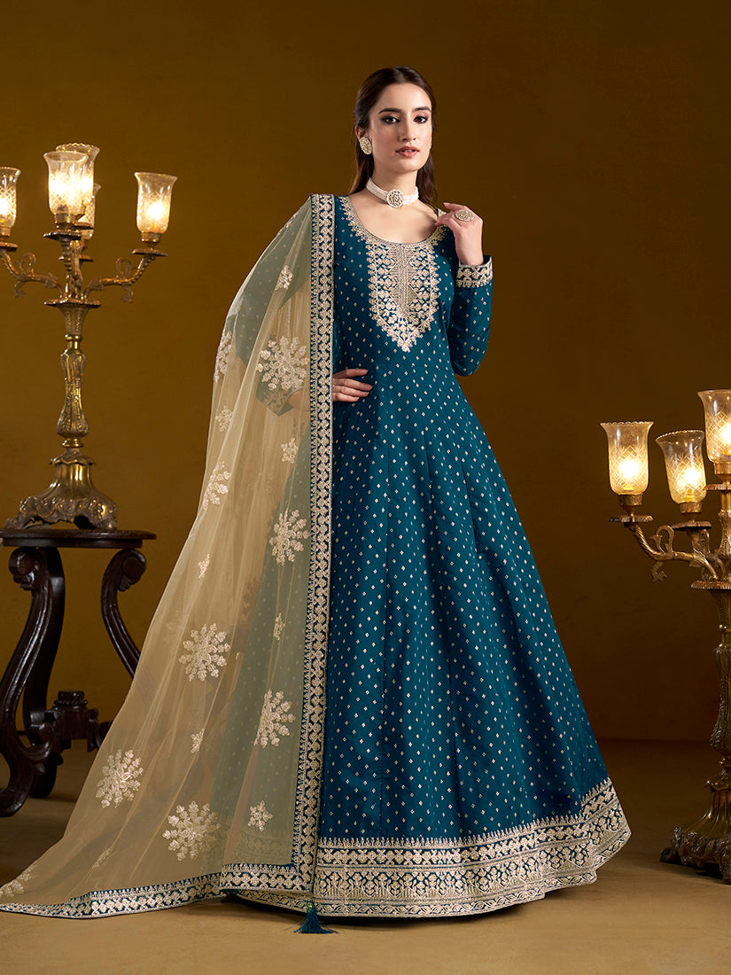 Teal Blue Chanderi Butti Embroidered Anarkali Suit With Heavy Dupatta