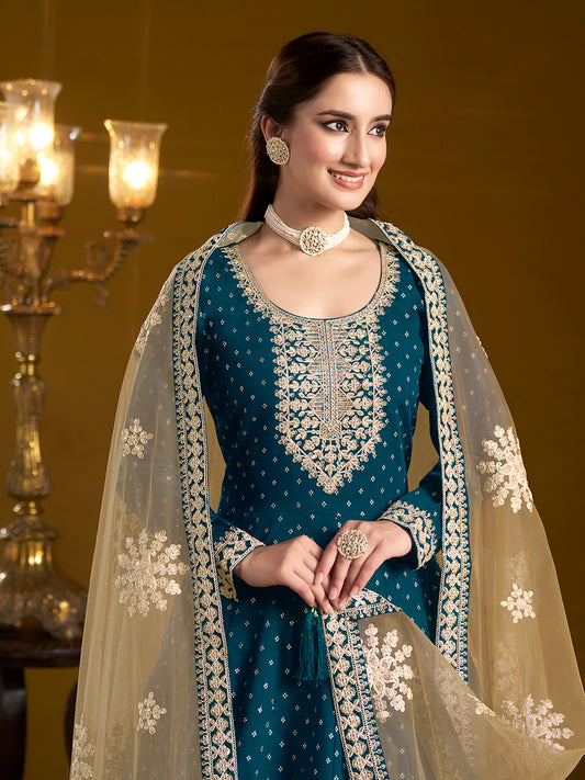 Teal Blue Chanderi Butti Embroidered Anarkali Suit With Heavy Dupatta