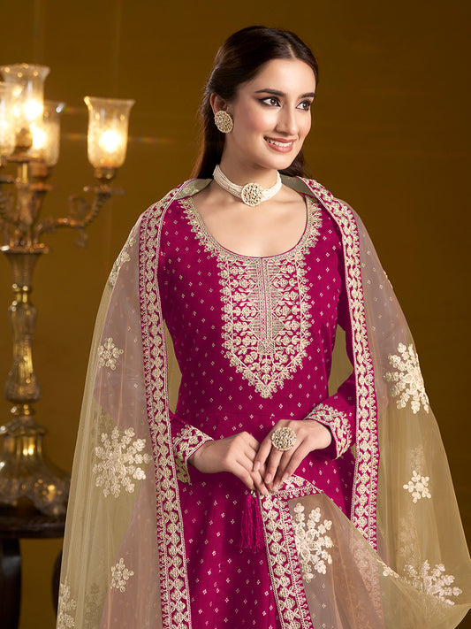 Magenta Chanderi Butti Embroidered Anarkali Suit With Heavy Dupatta