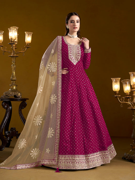 Magenta Chanderi Butti Embroidered Anarkali Suit With Heavy Dupatta