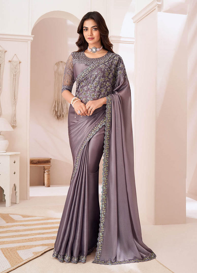 Purple Mauve Satin Georgette Sequins Embroidered Saree