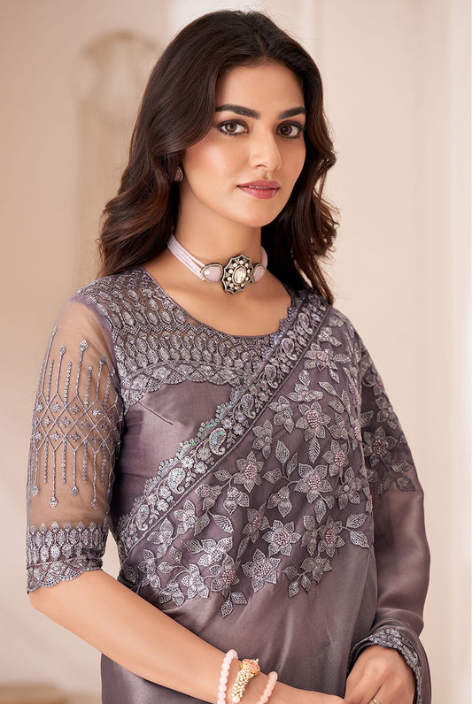 Purple Mauve Satin Georgette Sequins Embroidered Saree