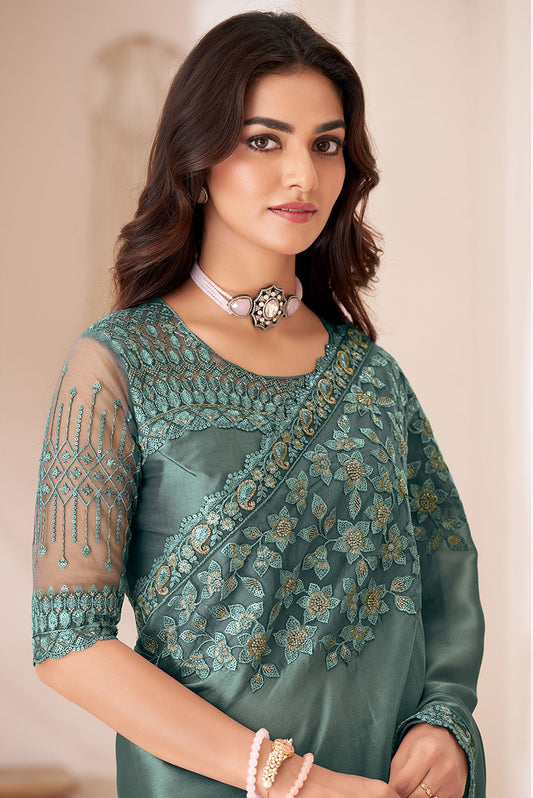 Teal Satin Georgette Sequins Embroidered Saree