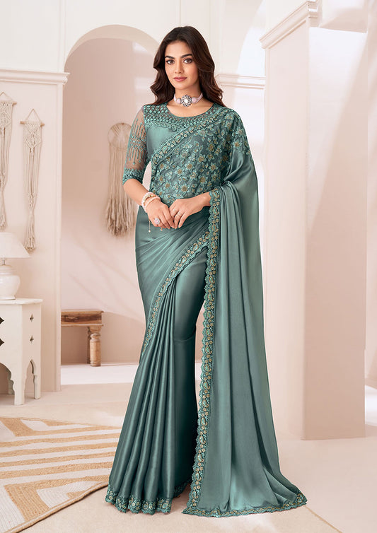 Teal Satin Georgette Sequins Embroidered Saree