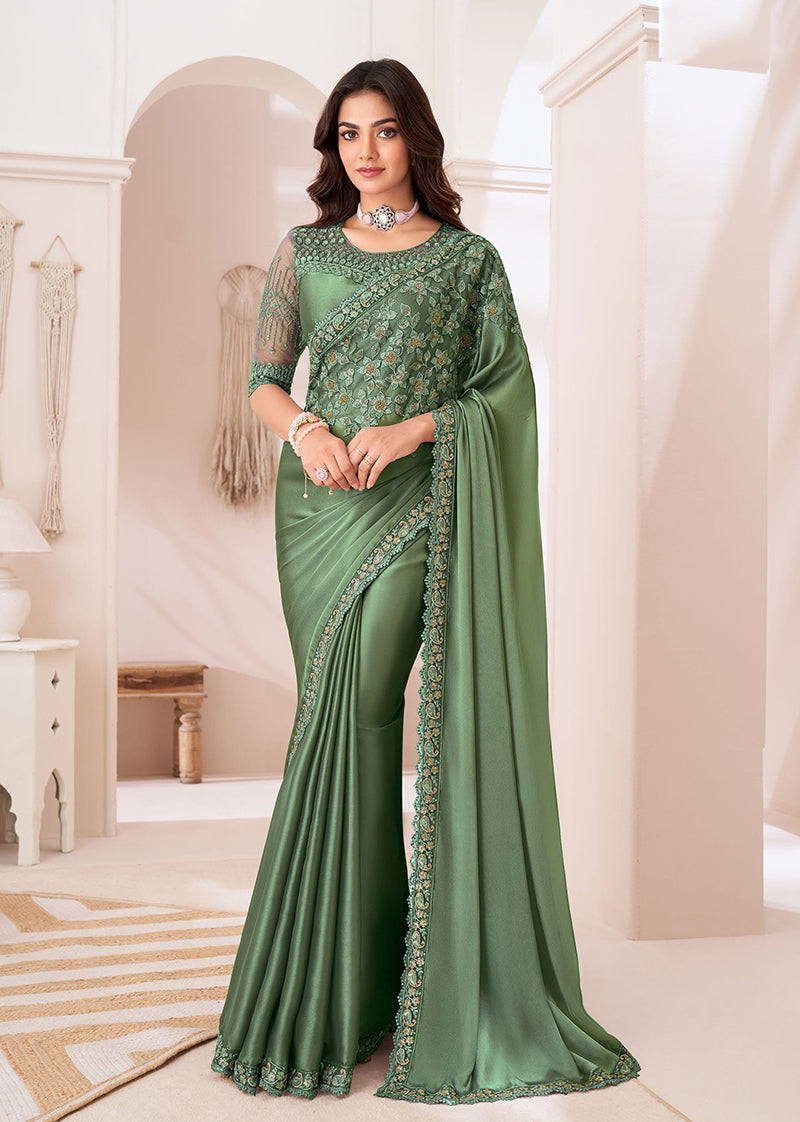 Teal Satin Georgette Sequins Embroidered Party Wear Saree