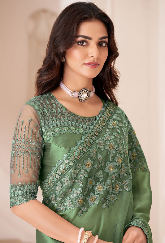 Green Satin Georgette Sequins Embroidered Saree
