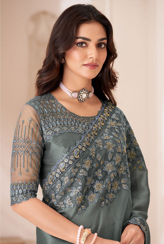 Grey Satin Georgette Sequins Embroidered Saree
