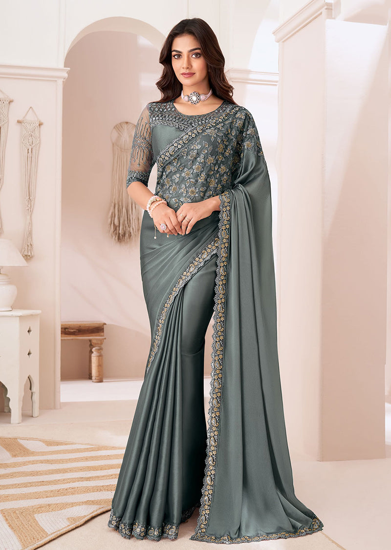 Grey Satin Georgette Sequins Embroidered Saree