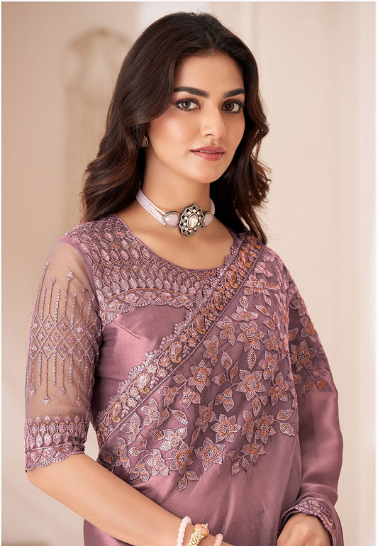 Onion Pink Satin Georgette Sequins Embroidered Party Wear Saree