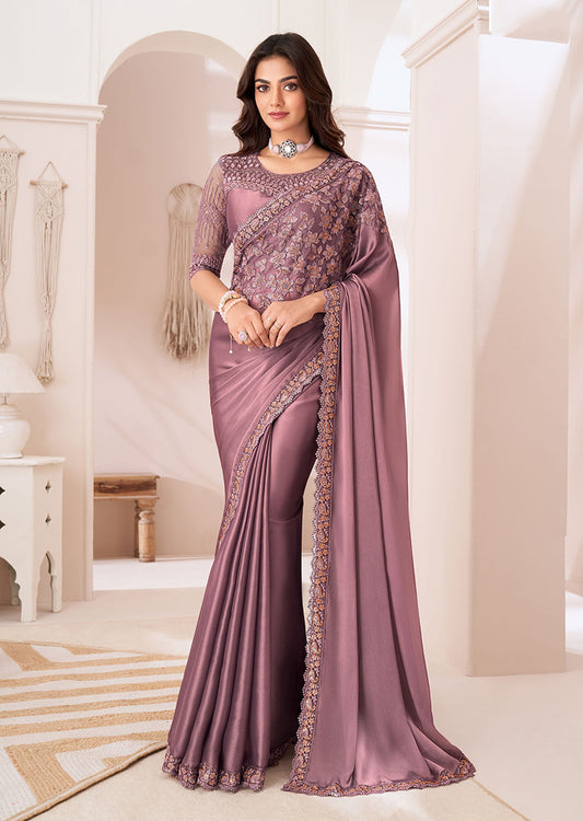 Onion Pink Satin Georgette Sequins Embroidered Party Wear Saree