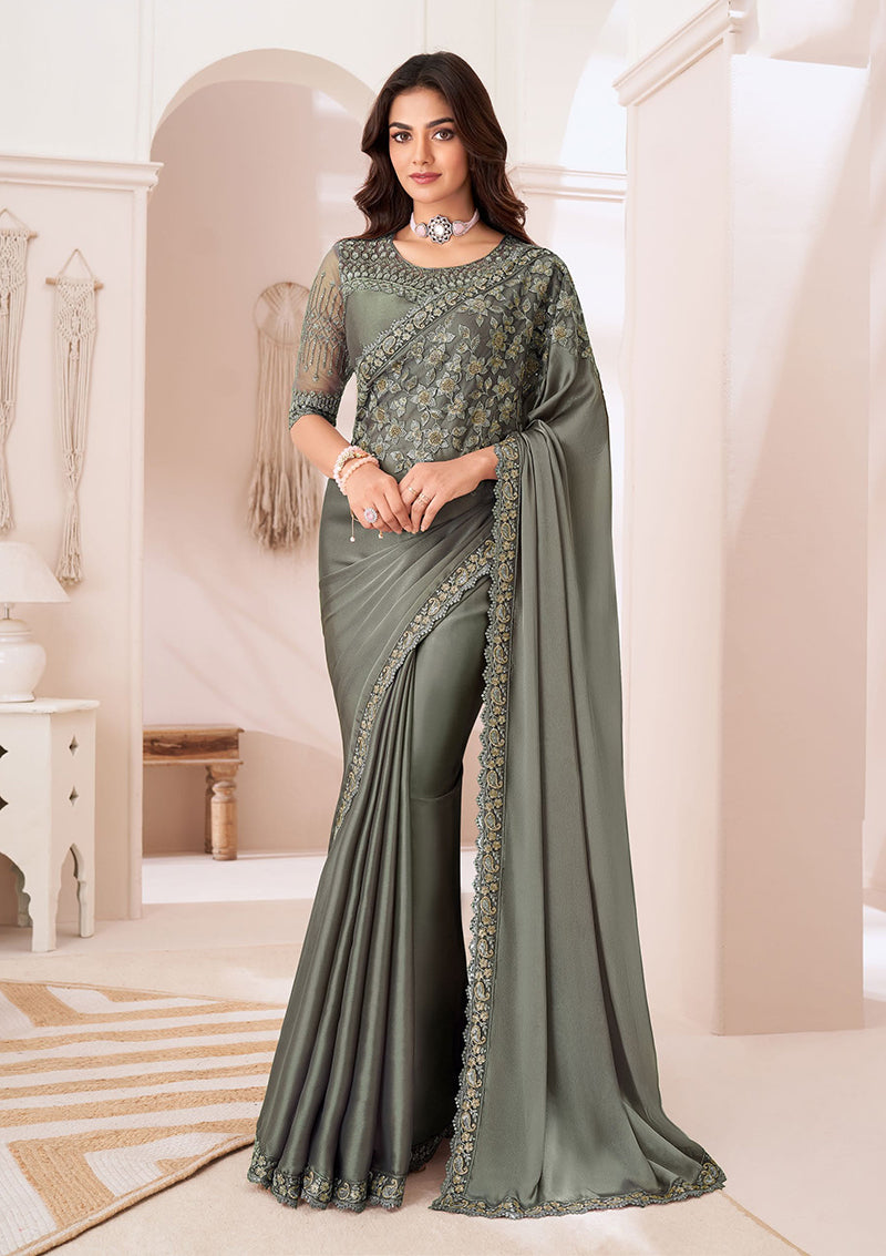 Olive Green Satin Georgette Sequins Embroidered Party Wear Saree