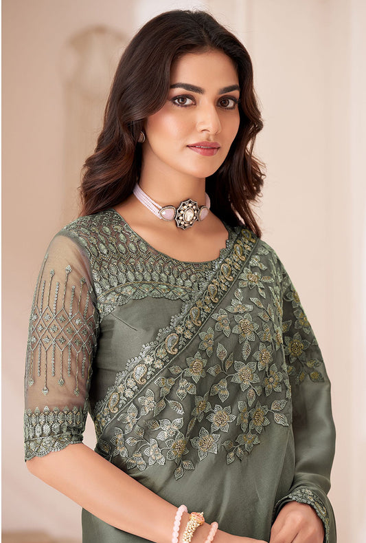 Olive Green Satin Georgette Sequins Embroidered Party Wear Saree