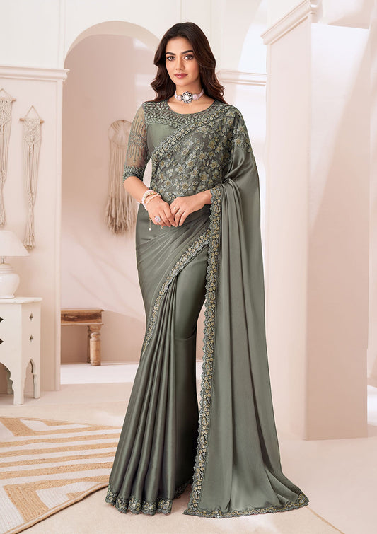 Olive Green Satin Georgette Sequins Embroidered Party Wear Saree