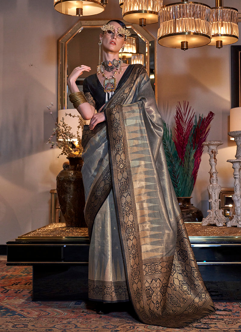 Gray Traditional Zari Woven Tissue Silk Saree with Opulent Pallu