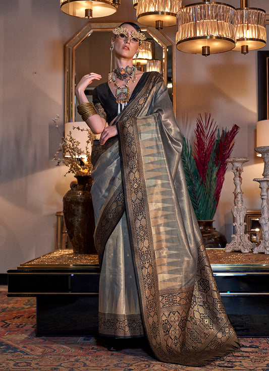 Gray Traditional Zari Woven Tissue Silk Saree with Opulent Pallu