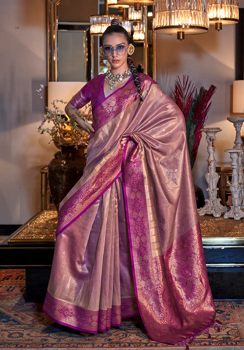 Rose Pink Traditional Zari Woven Tissue Silk Saree with Opulent Pallu