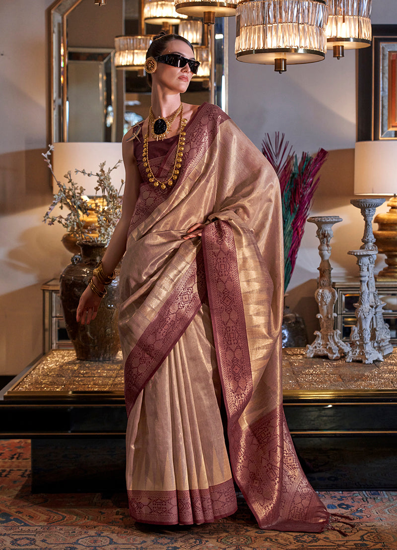 Light Brown Traditional Zari Woven Tissue Silk Saree with Opulent Pallu