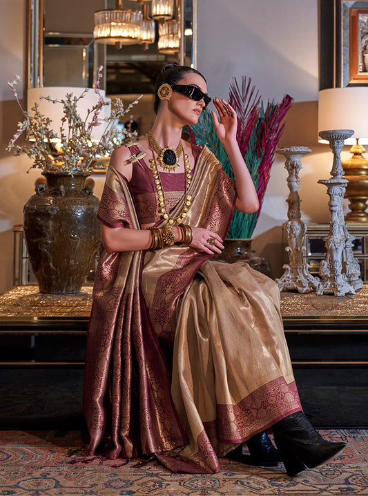 Light Brown Traditional Zari Woven Tissue Silk Saree with Opulent Pallu