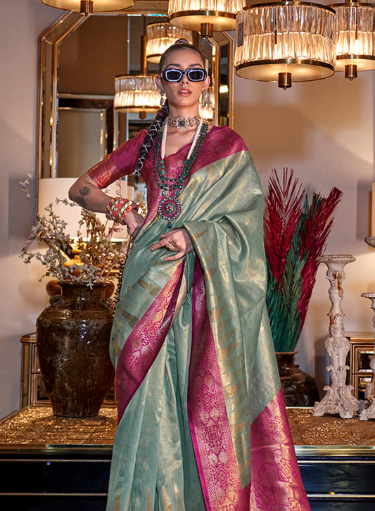 Sea Green Traditional Zari Woven Tissue Silk Saree with Opulent Pallu