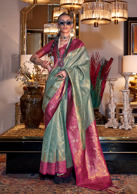 Sea Green Traditional Zari Woven Tissue Silk Saree with Opulent Pallu