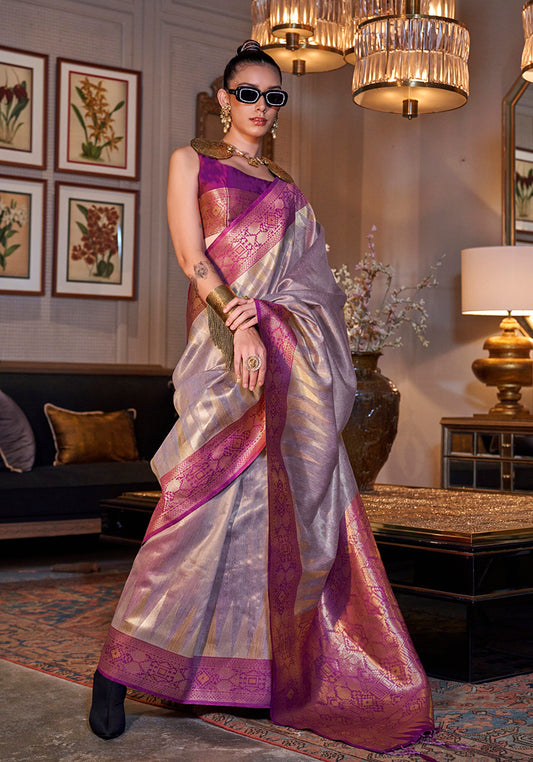 Lavender Traditional Zari Woven Tissue Silk Saree with Opulent Pallu