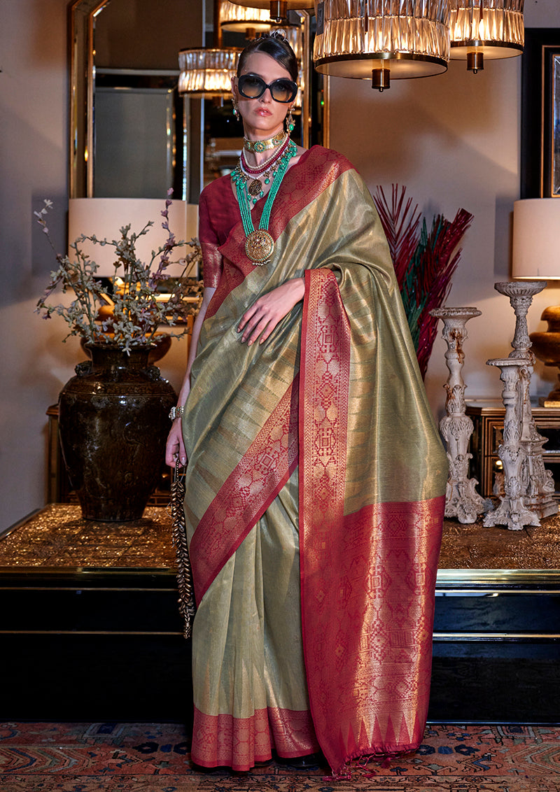 Olive Traditional Zari Woven Tissue Silk Saree with Opulent Pallu