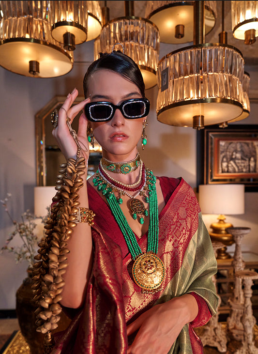 Olive Traditional Zari Woven Tissue Silk Saree with Opulent Pallu