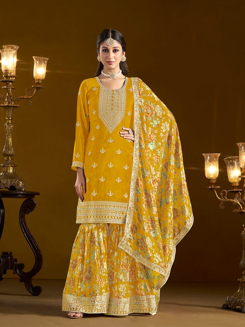 Yellow Chinon Floral Printed Palazzo Suit With Printed Dupatta