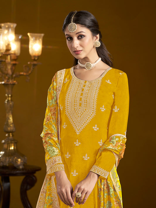 Yellow Chinon Floral Printed Palazzo Suit With Printed Dupatta