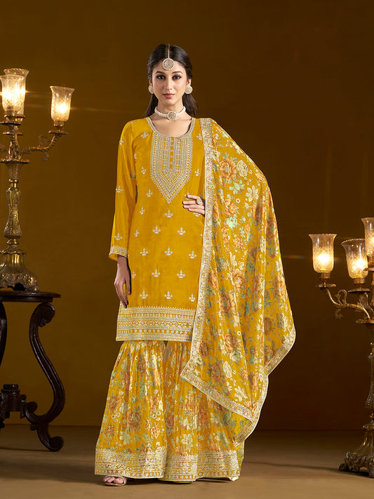 Yellow Chinon Floral Printed Palazzo Suit With Printed Dupatta