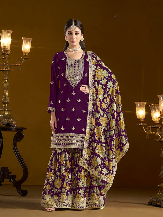 Dark  Purple Chinon Floral Printed Palazzo Suit With Printed Dupatta