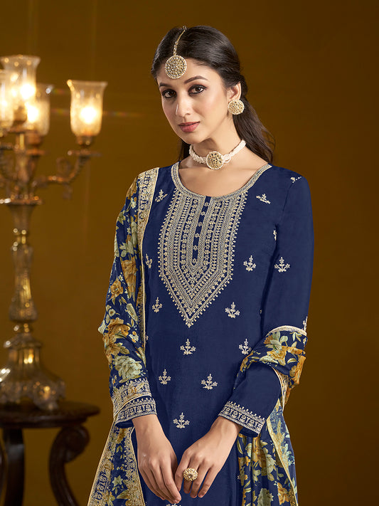 Navy blue Chinon Floral Printed Palazzo Suit With Printed Dupatta