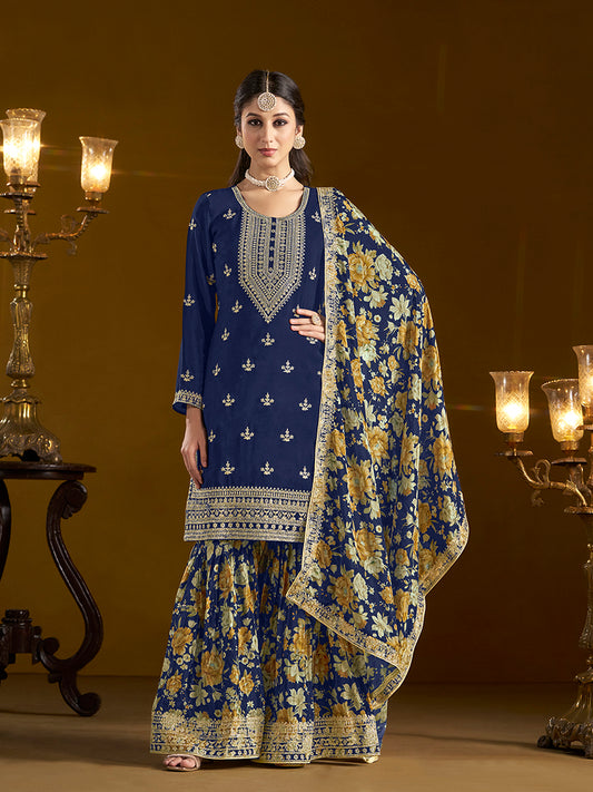 Navy blue Chinon Floral Printed Palazzo Suit With Printed Dupatta