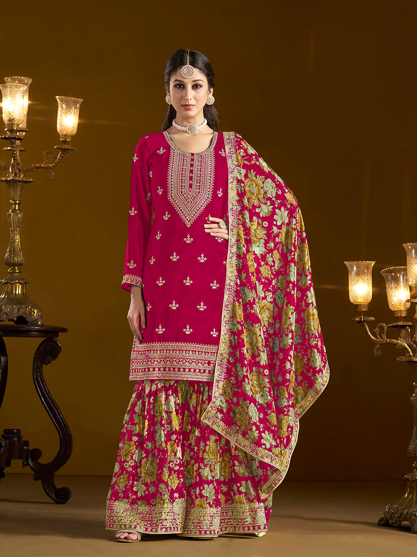 Rani Pink Chinon Floral Printed Palazzo Suit With Printed Dupatta